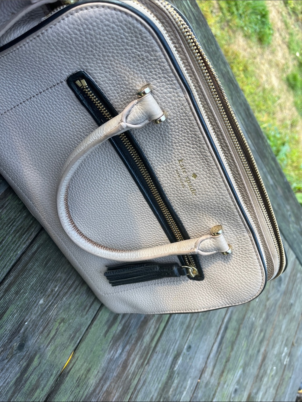 kate spade Pebbled Leather Satchel in Light Taupe with Black Trim - Picture 8 of 9
